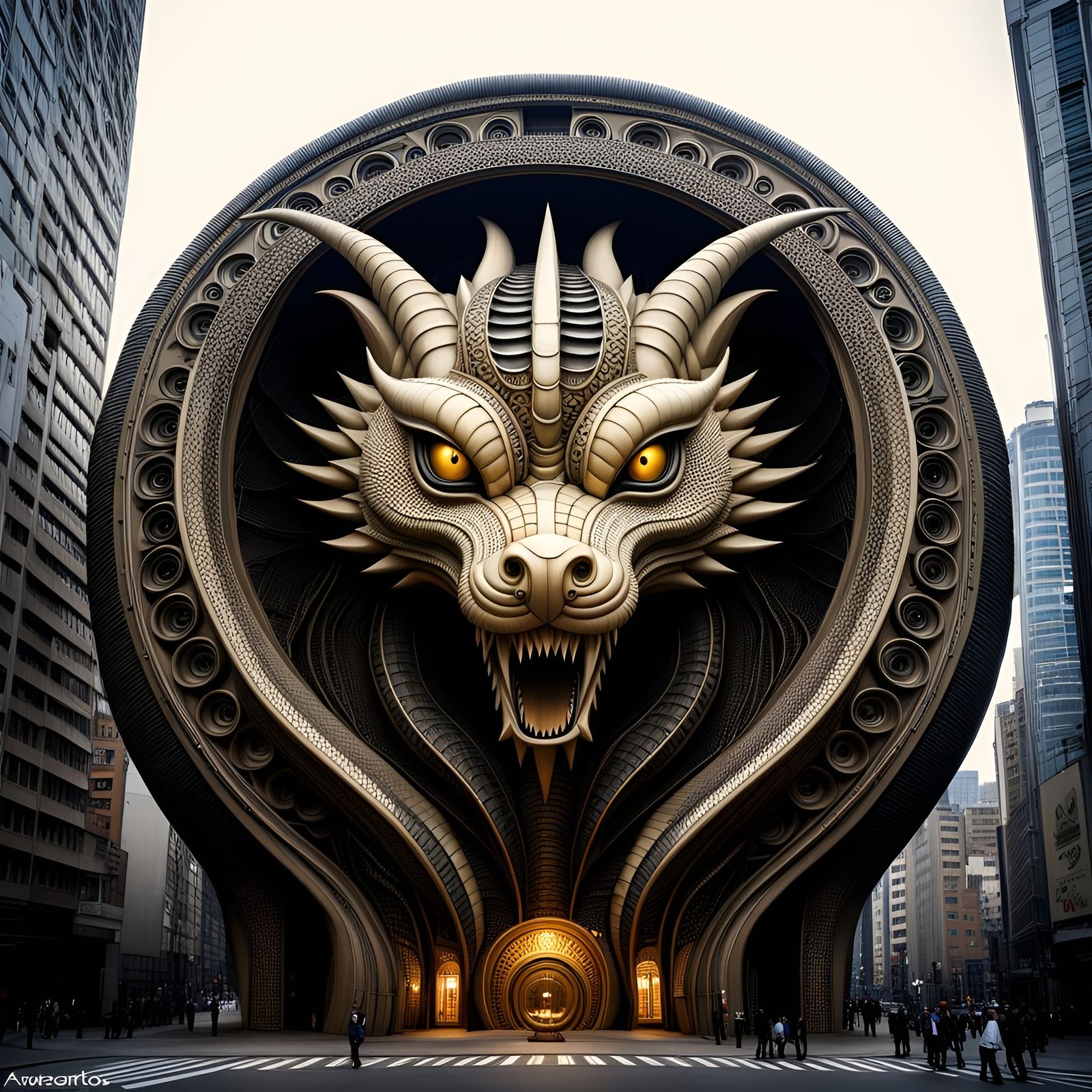 Dragon Face Mandala Skyscraper in a Futuristic World