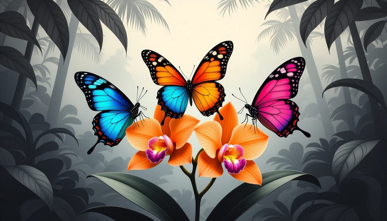 Butterflies Around Orchid: Hyperdetailed Charcoal Drawing
