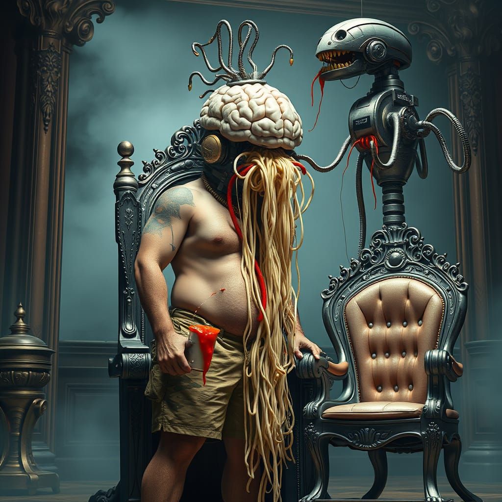 Surreal Biomechanical Scene: Soldier, Robot Brain, and Noodl...