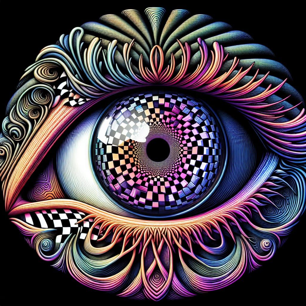 Hyperrealistic Eye with Holographic Checkered Reflection