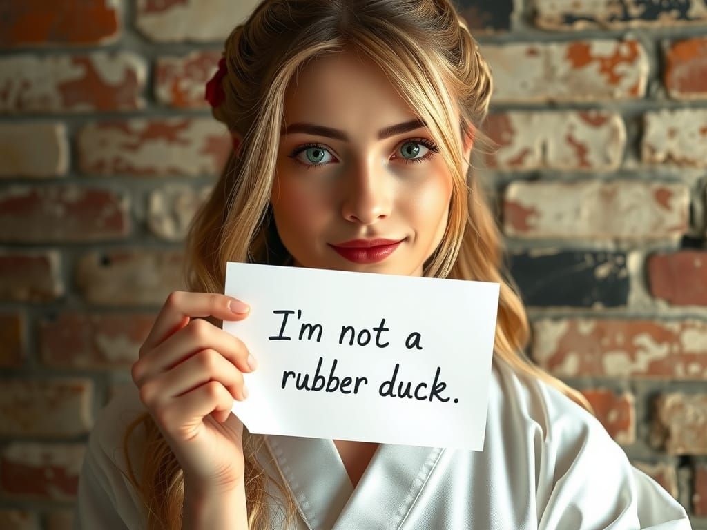 Playful Woman in White Kimono with Whimsical Message