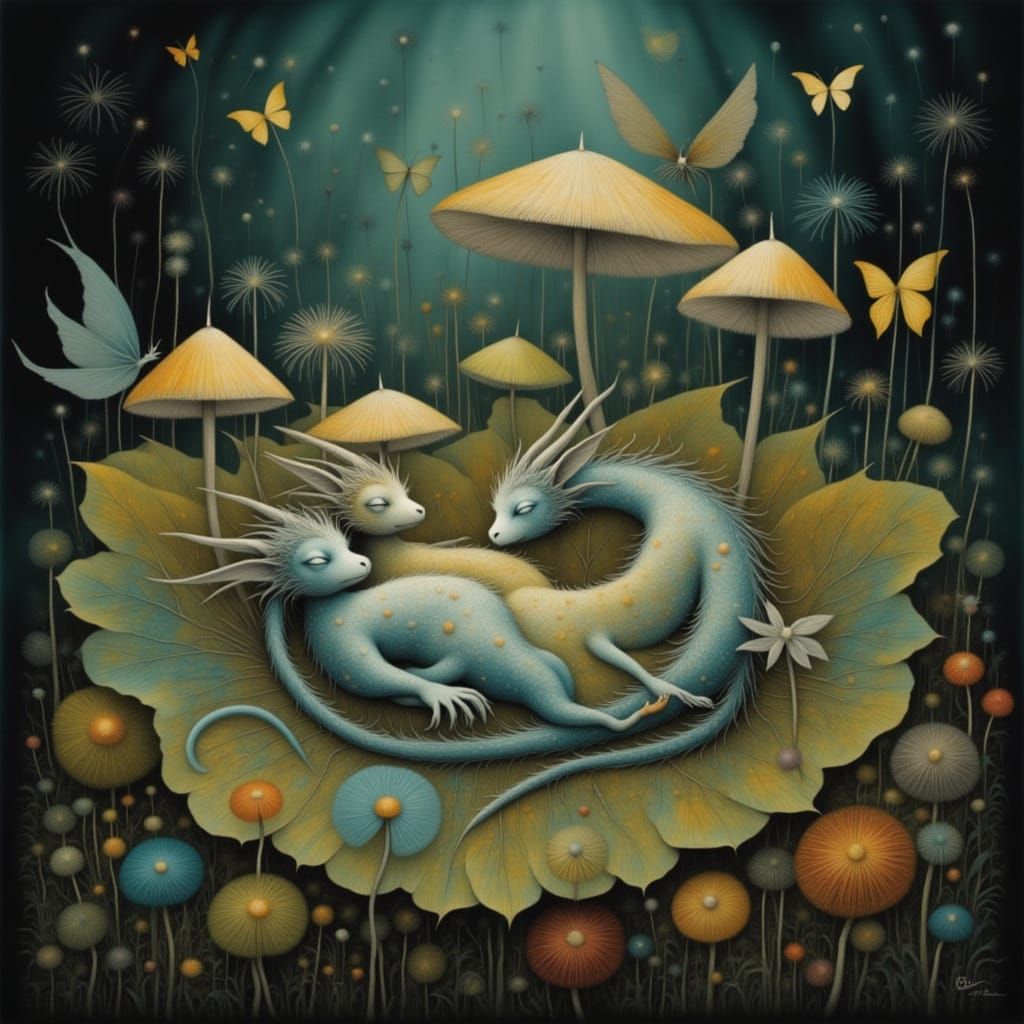 <lora:Pastel Patches:1.0> <lora:Fall Fairies 2:1.0> <lora:Dandelion Fairies:1.0> <lora:Dusk 4 b:1.0> A family of miniatu...