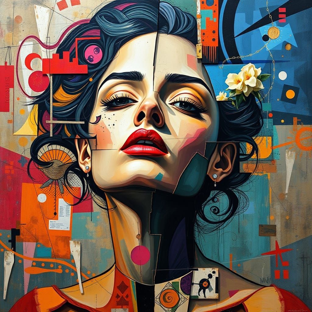 Vibrant Cubist Portrait in Swirling Colors and Geometric Sha...