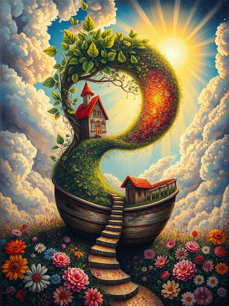 Surreal Yin Yang Spiral with Villa and Cottages