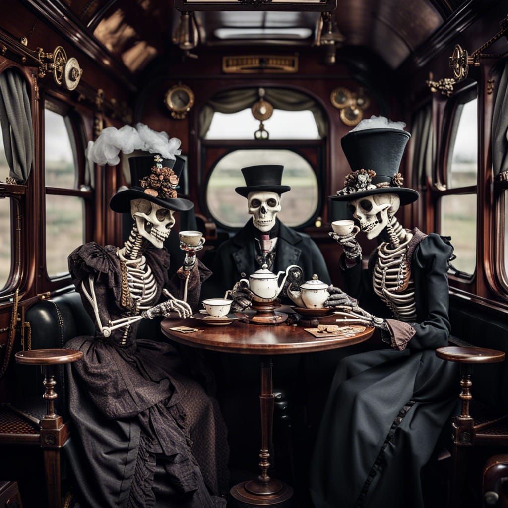 Skeletons Enjoying Victorian Tea Time on Train