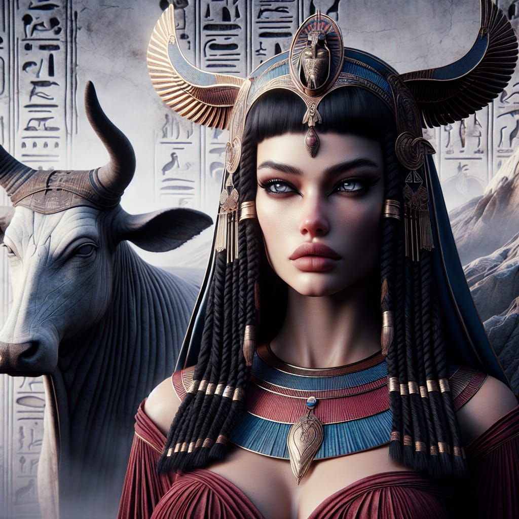 Egyptian Cow Goddess in Dramatic Hyper-Realistic Digital Art