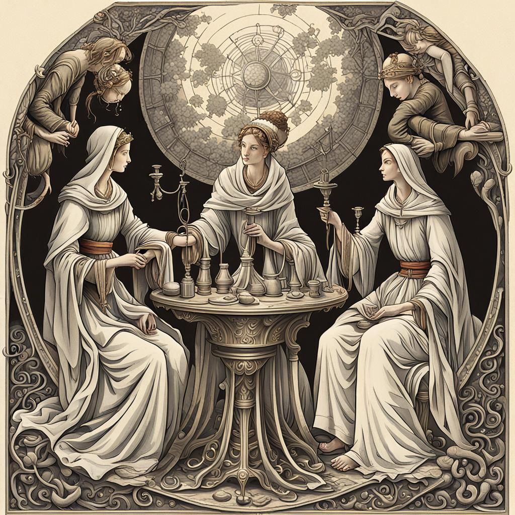 Wyrd sisters:three sisters: Clotho (the spinner), Lachesis (the allotter), and Atropos.