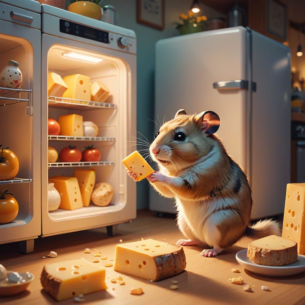 Hamster Stealing Cheese: Whimsical Cartoon Illustration