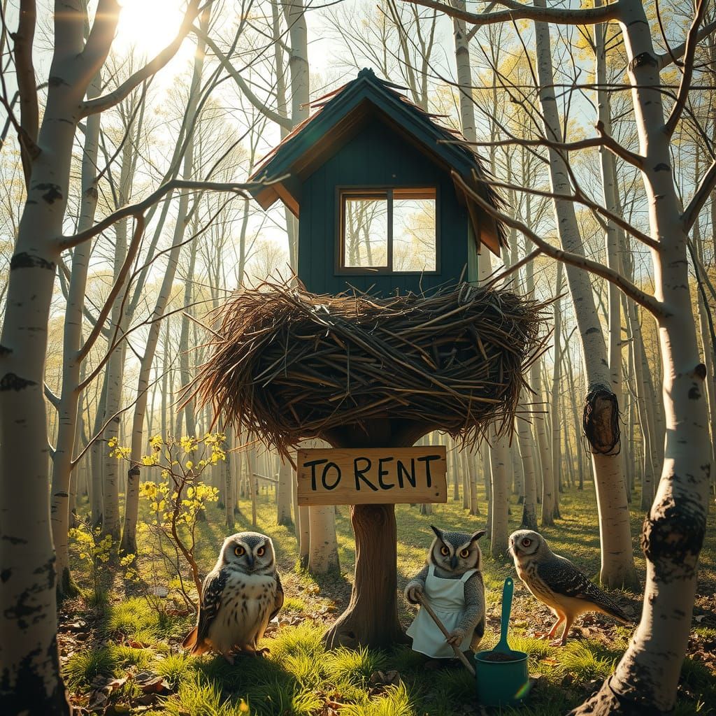 Owls Renting Nest in Spring Forest, Golden Age Illustration