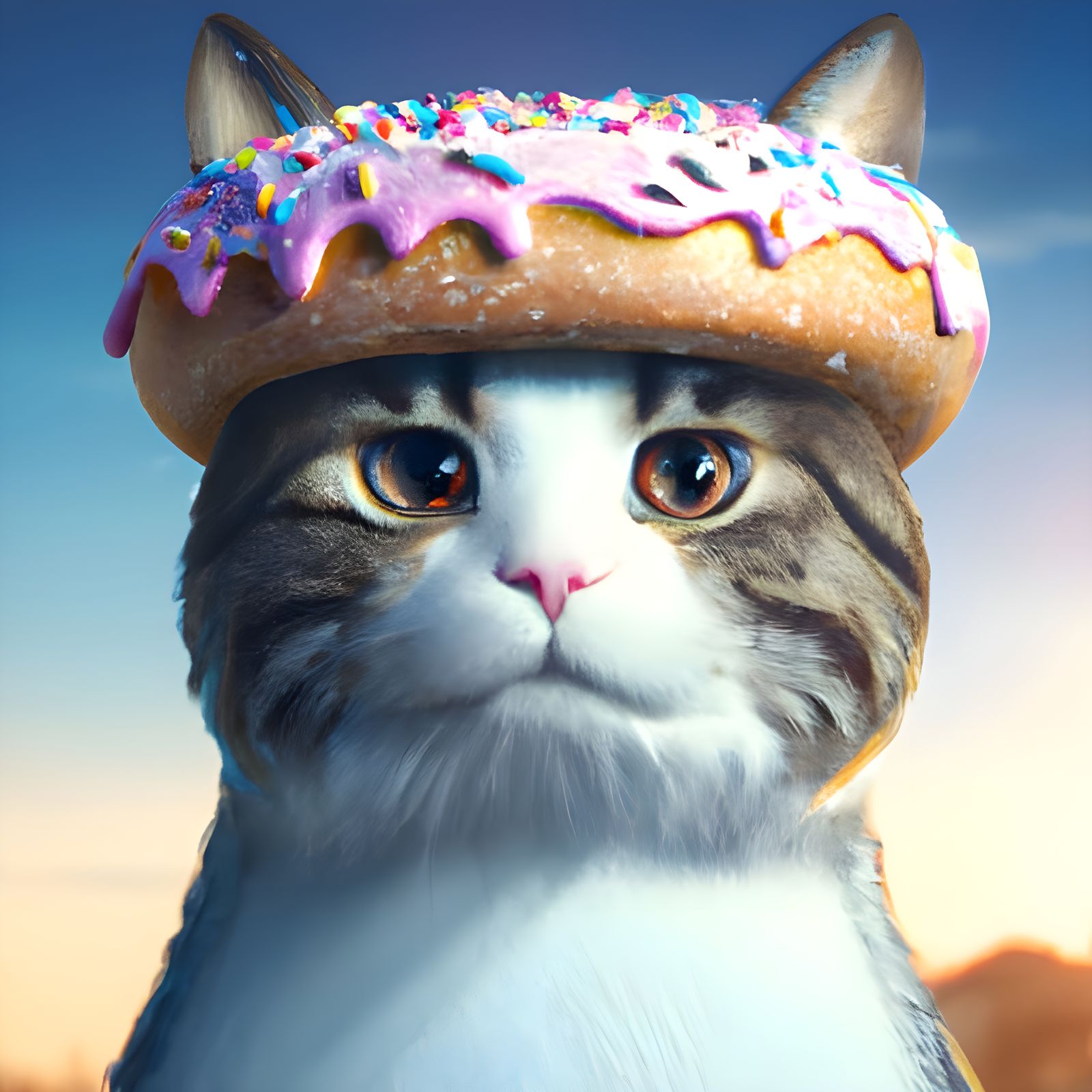 Humorous Cat Portrait with Donut Head, Digital Art
