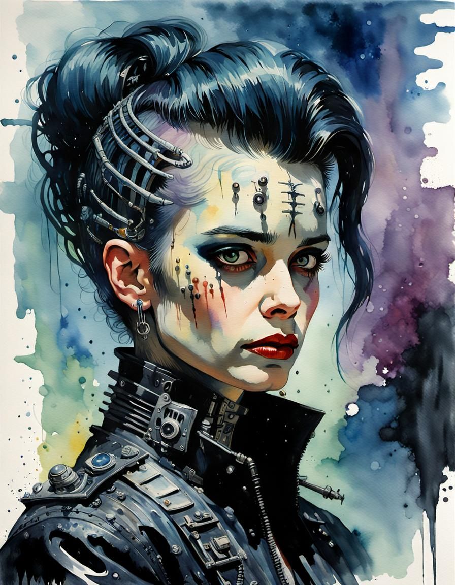 Gorgeous Rockabilly Punk Portrait in Watercolor Style