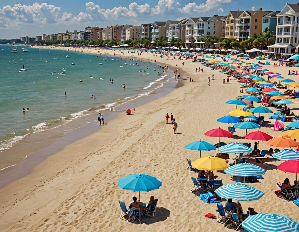 Vibrant Summer Beach Scene with Colorful Umbrellas and Sun-K...