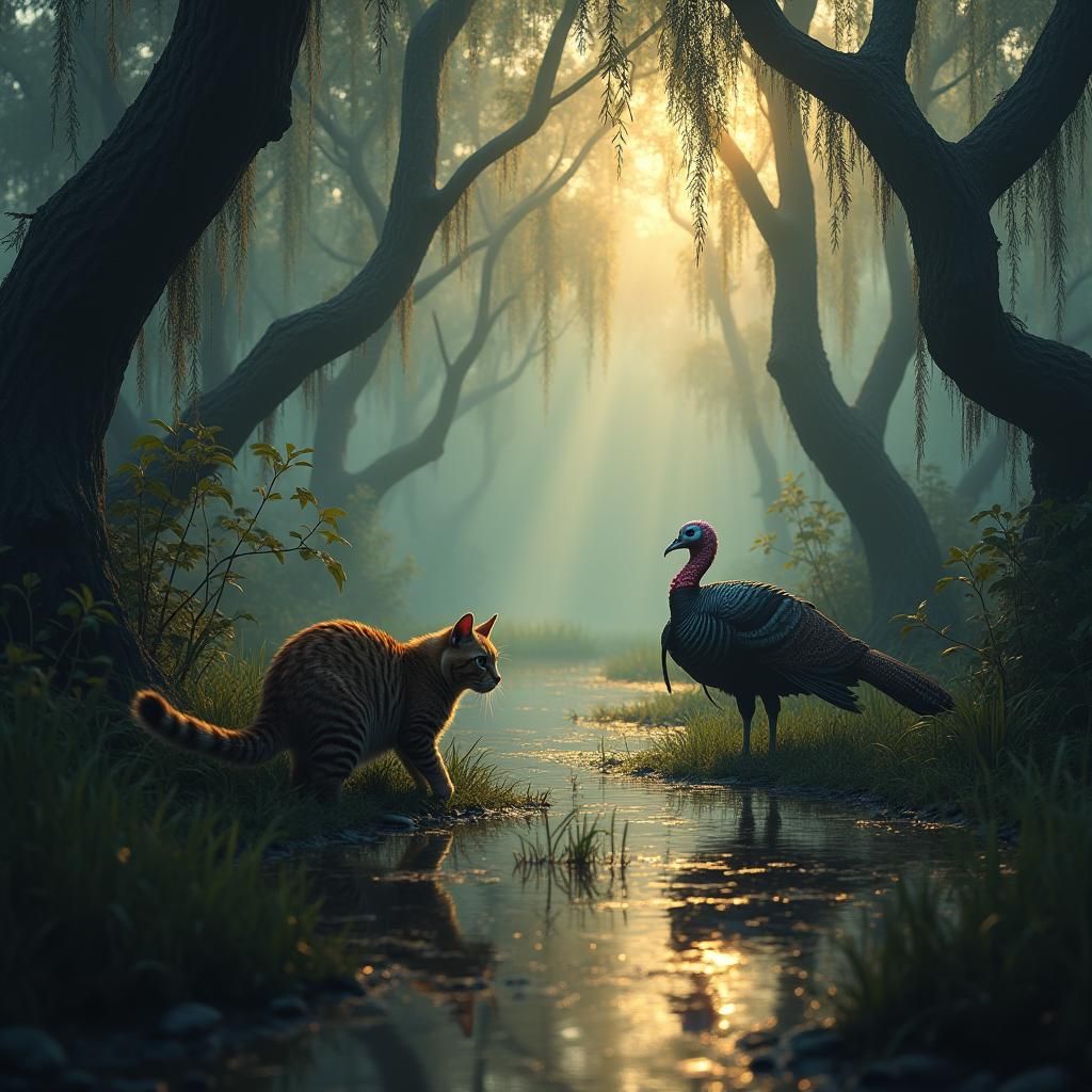 Cat Stalks Turkey in Bayou: Fantasy Concept Art