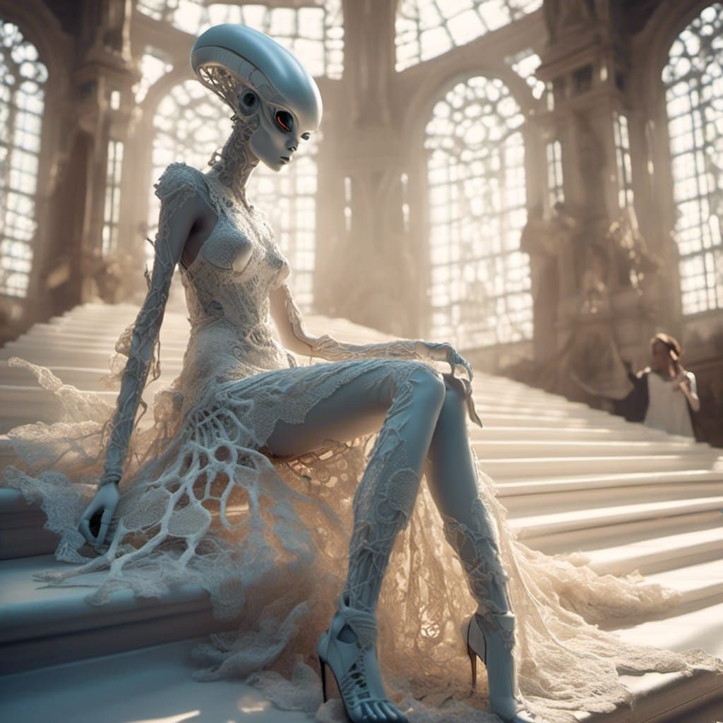 Alien fashion show, alien sitting on catwalk wearing a lace haute-couture evening dress.