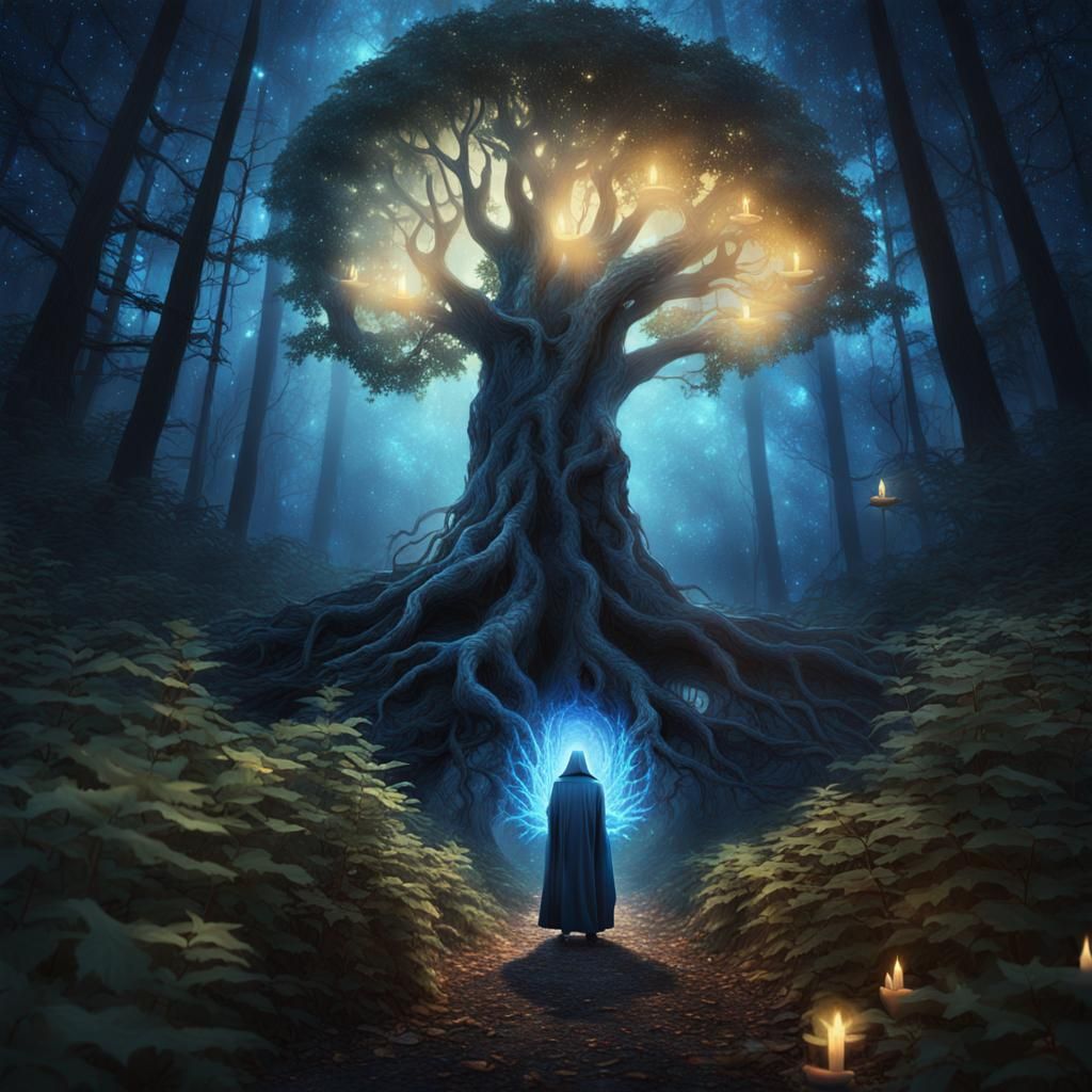 Mystical Creature Touches Glowing Tree in Forest