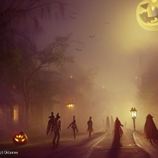 a lot people in costumes on a poorly lit street in the subur...