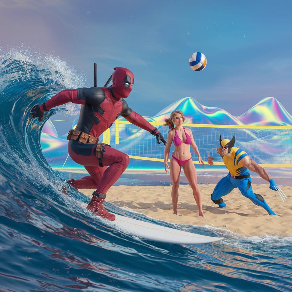 Deadpool, Lady Deadpool, and Wolverine at the Beach