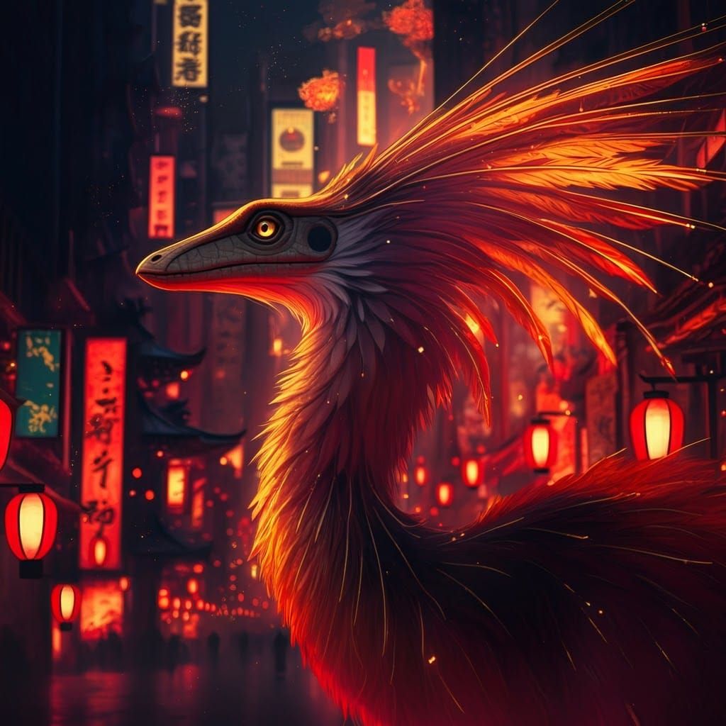 Feathery Dinosaur in Neo Tokyo: Digital Painting