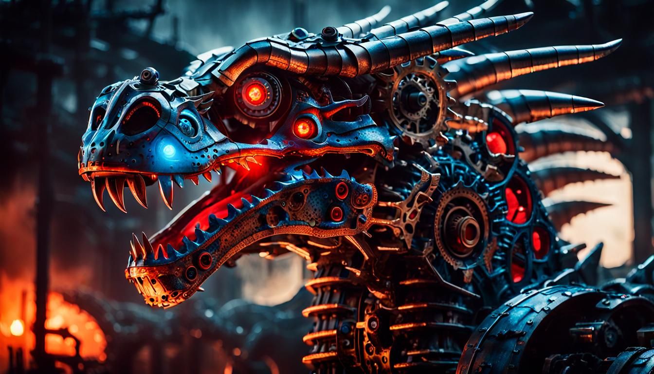 Biomechanical Dragon in Industrial Wasteland: Sci-Fi Art