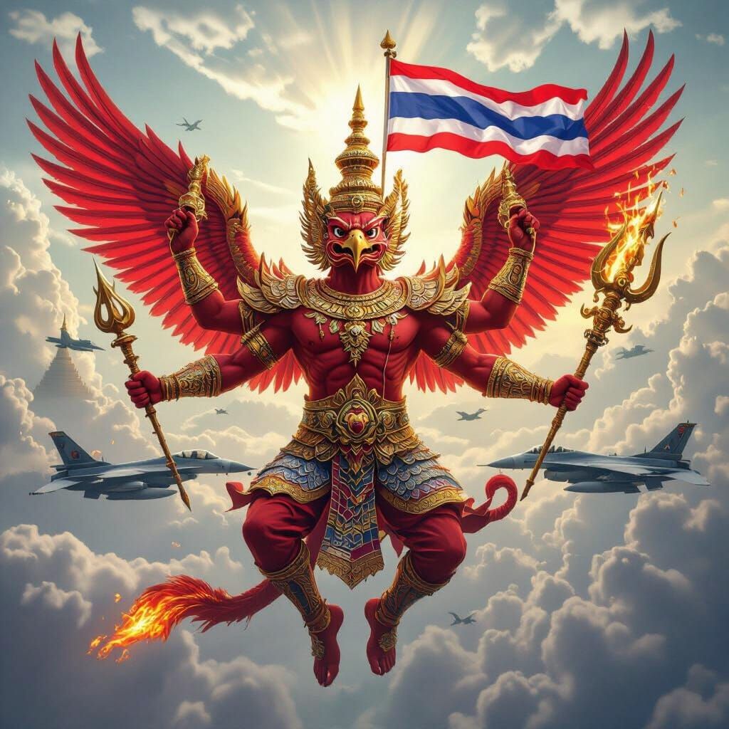 Majestic Garuda Soaring Above F-16s in Hyper-Detailed Render