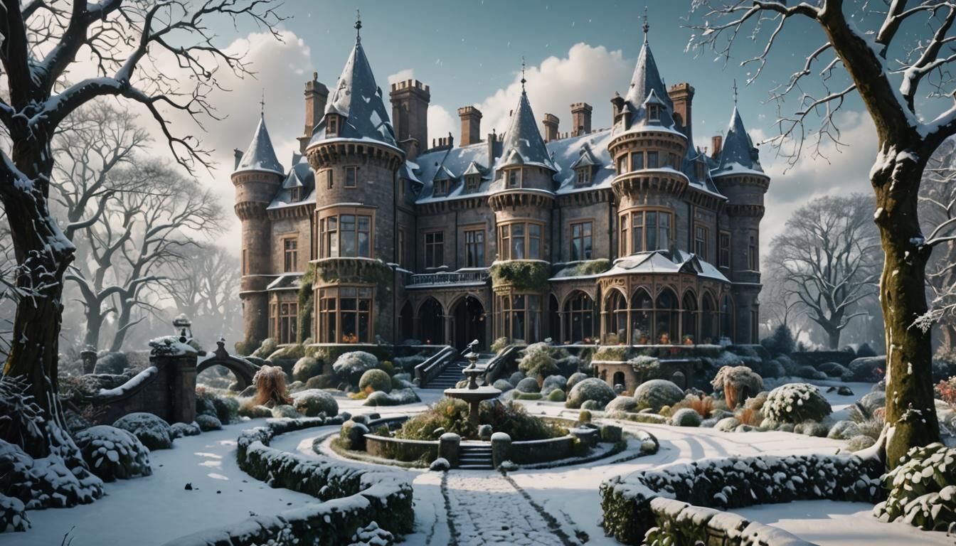 Snowy Victorian Castle Garden Digital Matte Painting
