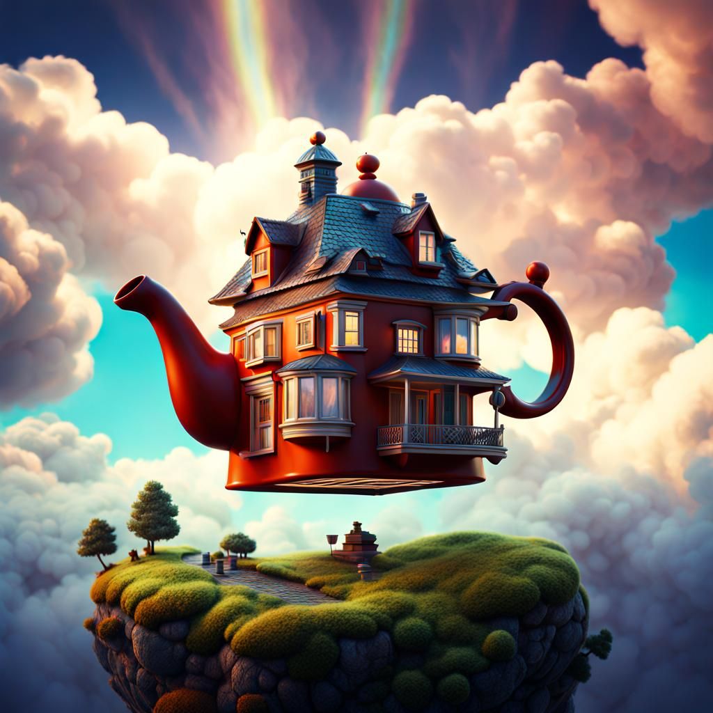Teapot House in the Clouds: A Surreal Digital Art