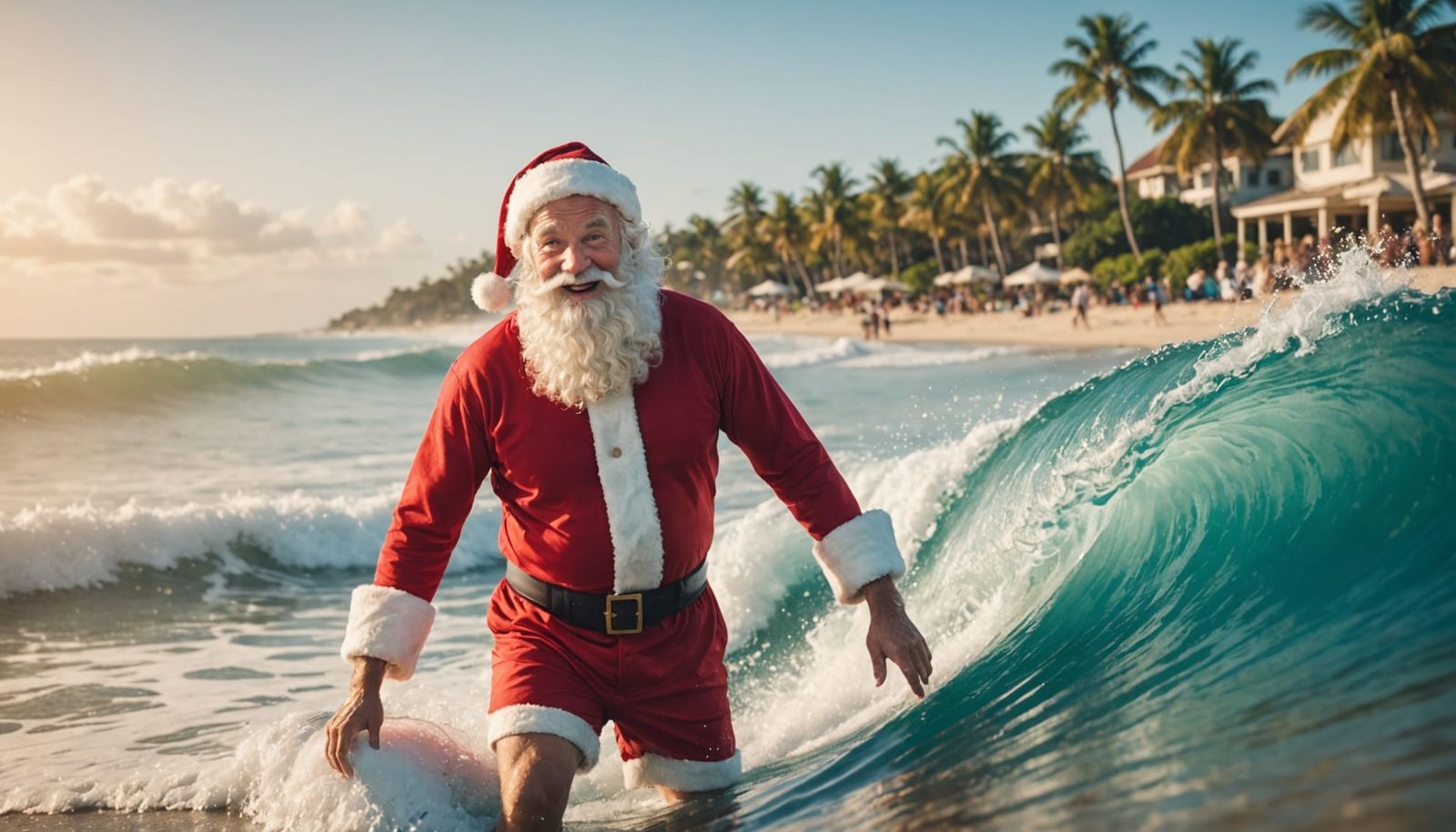 Santa Claus Riding a Wave in Tropical Paradise