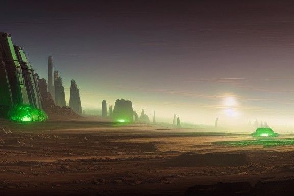 Sci-Fi Landscape with Glowing Crystals in Post-Apocalyptic S...