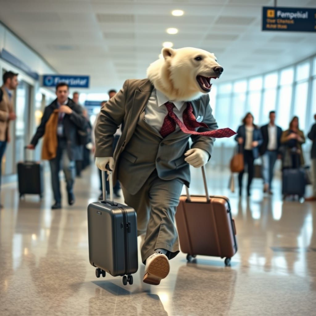 Polar Bear Races Through Airport in Suit