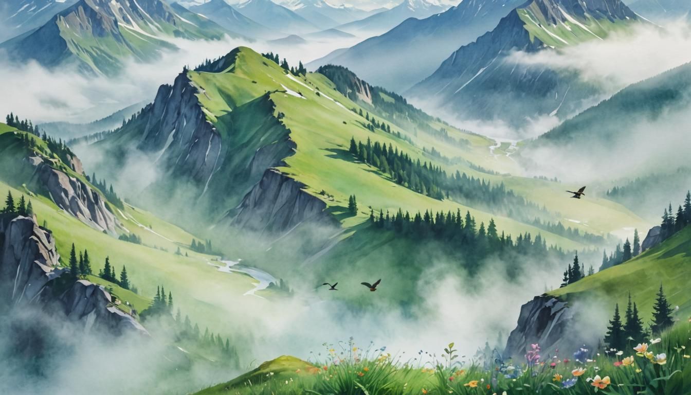 Alpine Meadow Watercolor Panorama: A Misty Valley Lakescape