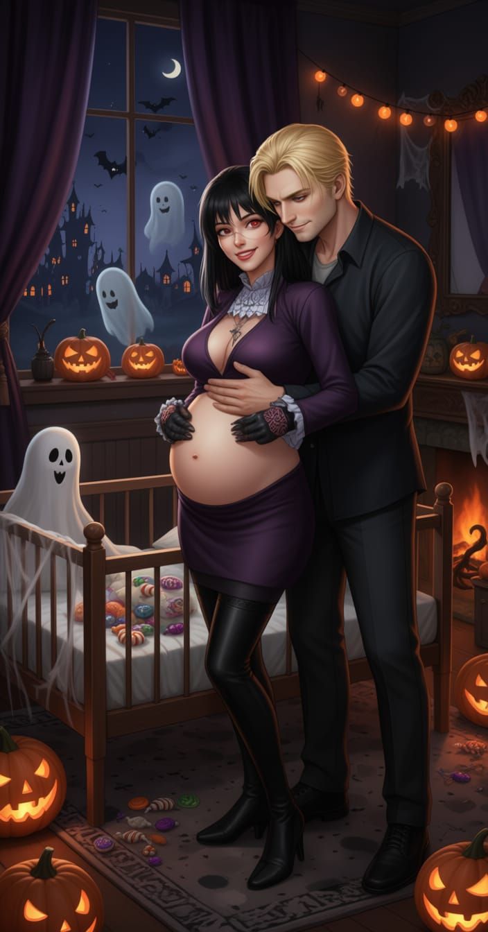 Hyperrealistic Pregnant Nya with Husband on Halloween Night