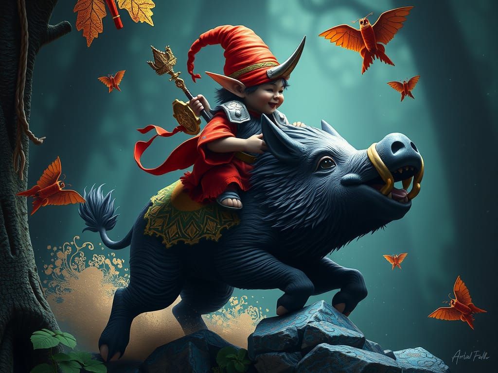 Gnome Riding Boar in Detailed Matte Painting Style