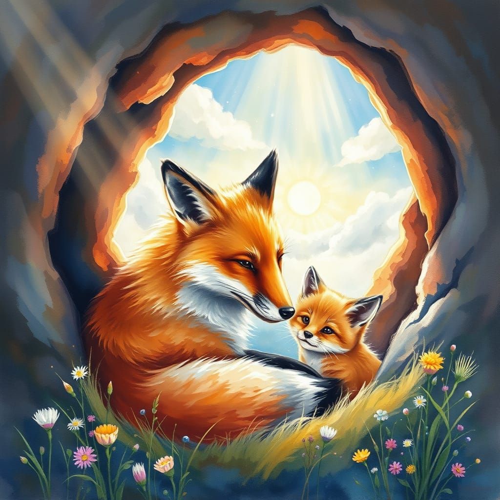 Mother Fox and Kit in a Cozy Burrow, Soft Focus Impressionis...