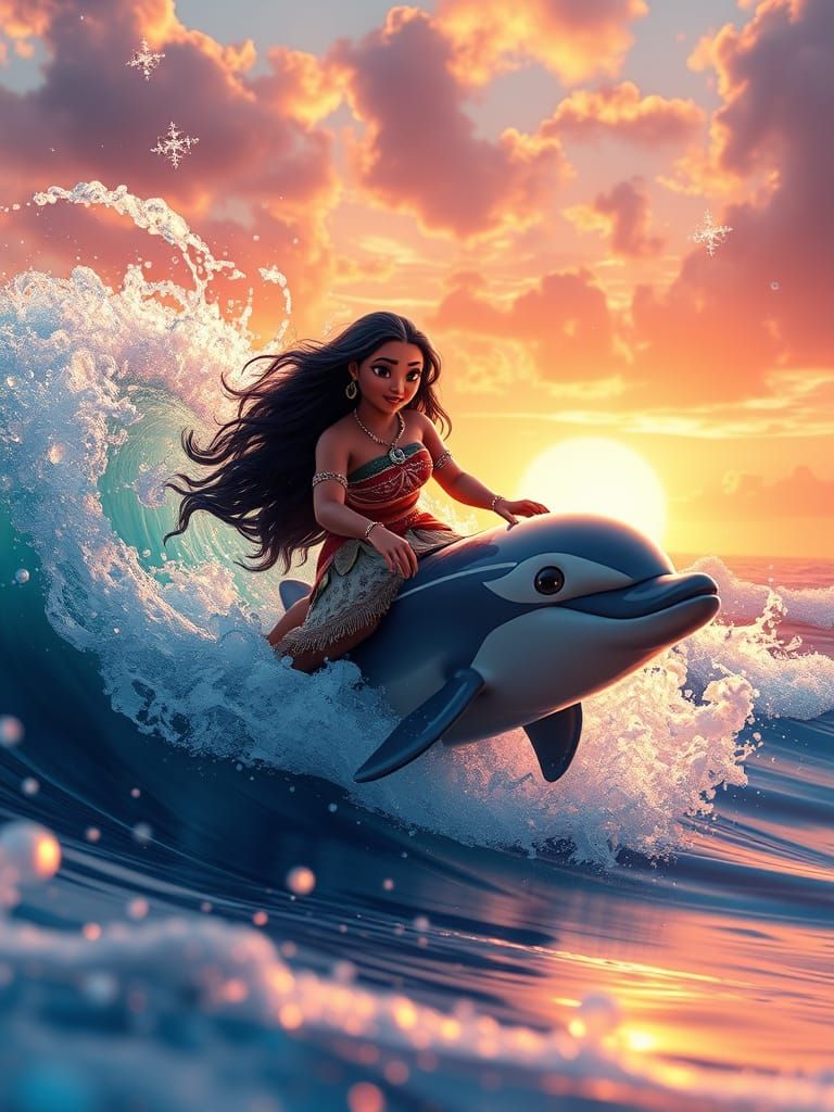Moana Riding a Dolphin Amidst Vibrant Oceanic Splendor