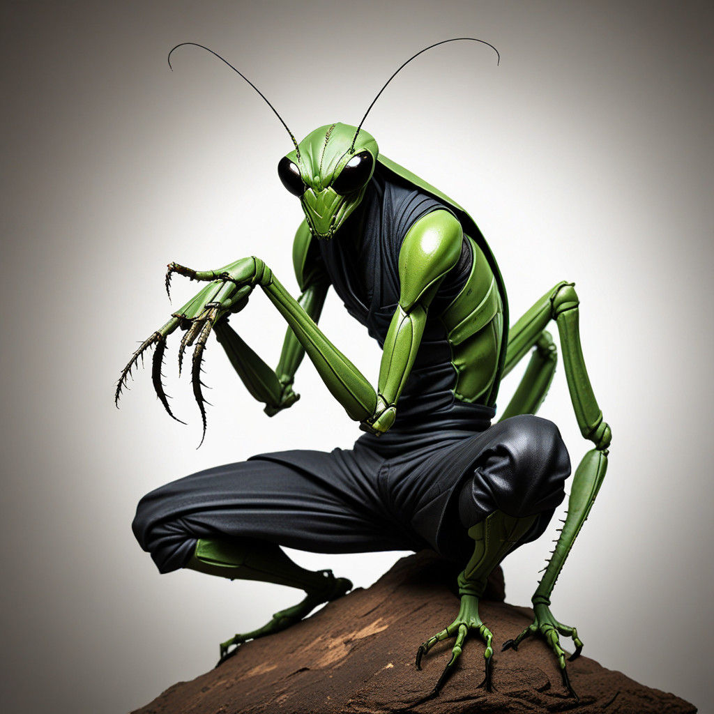 Ninja Praying Mantis in Traditional Sumi-e Style