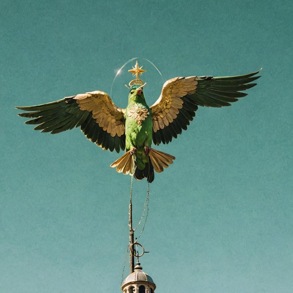 A green bird saint, surrounded by a halo
