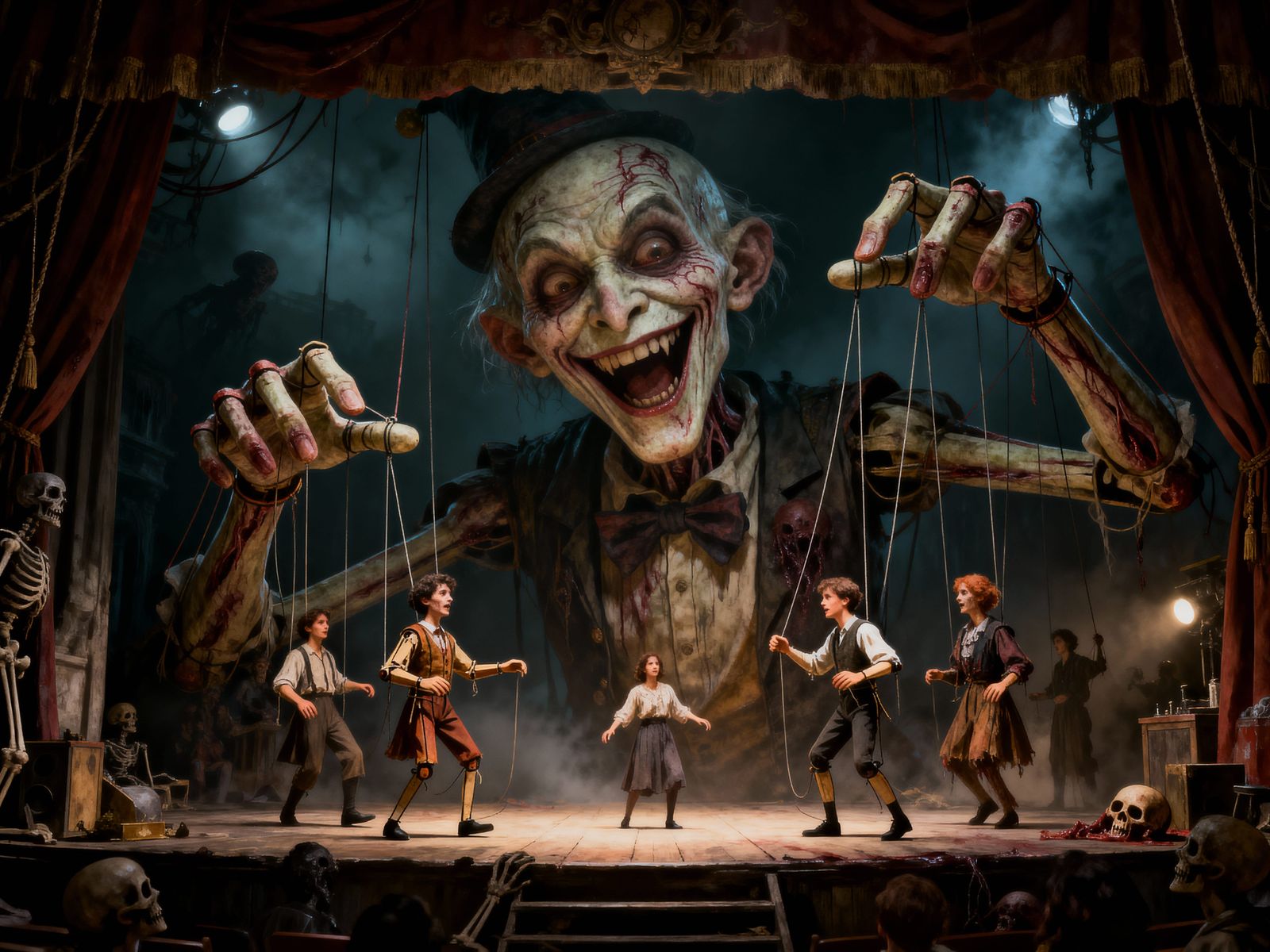 Disturbing Marionette Puppeteer in Eerie Theater