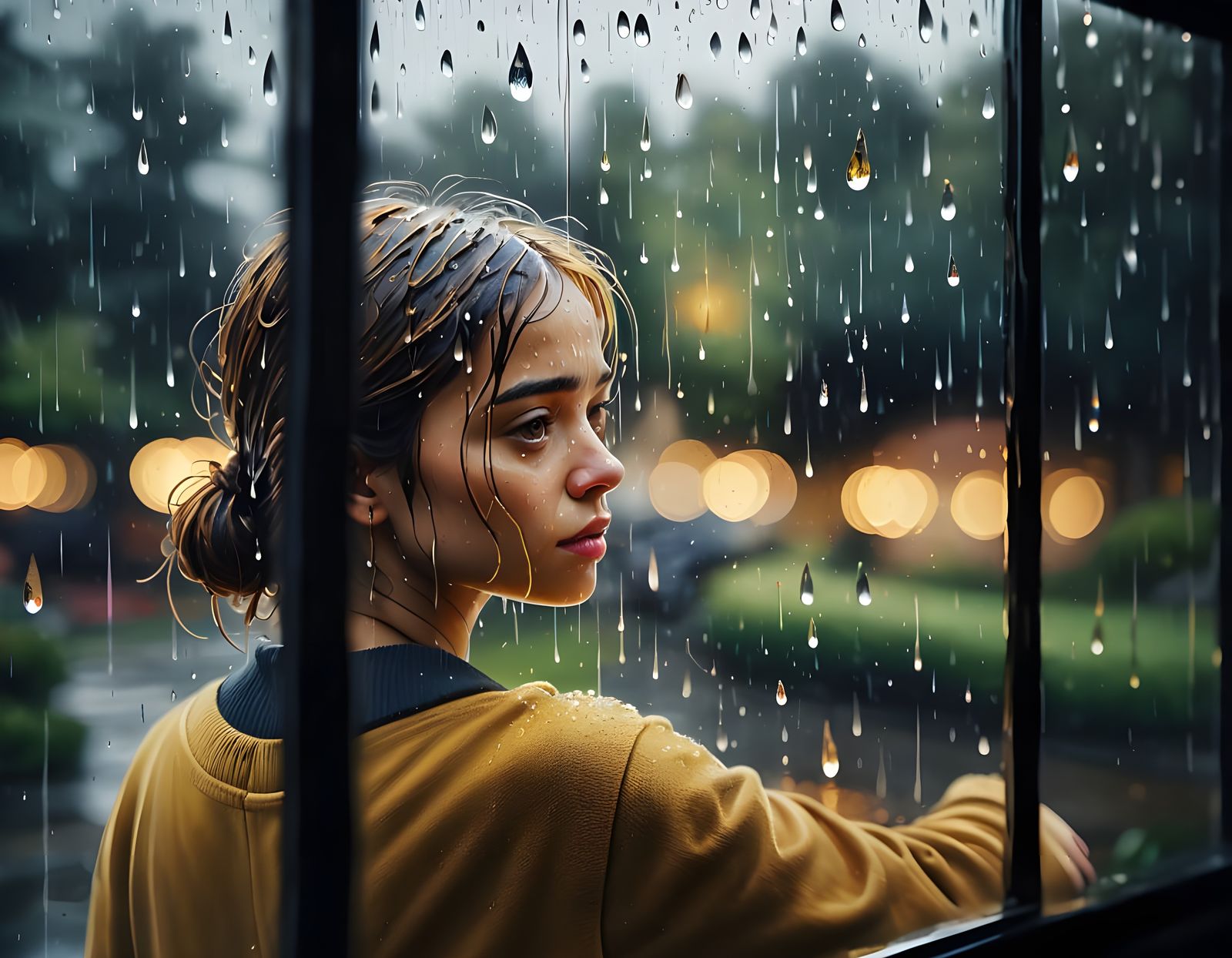 Gentle Rain Reflected in Windowpane, Children at Play Behind