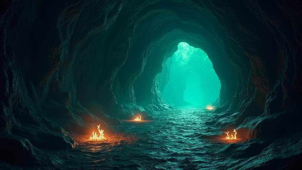 Mystical Cave Tunnel Lit by Blue Flames