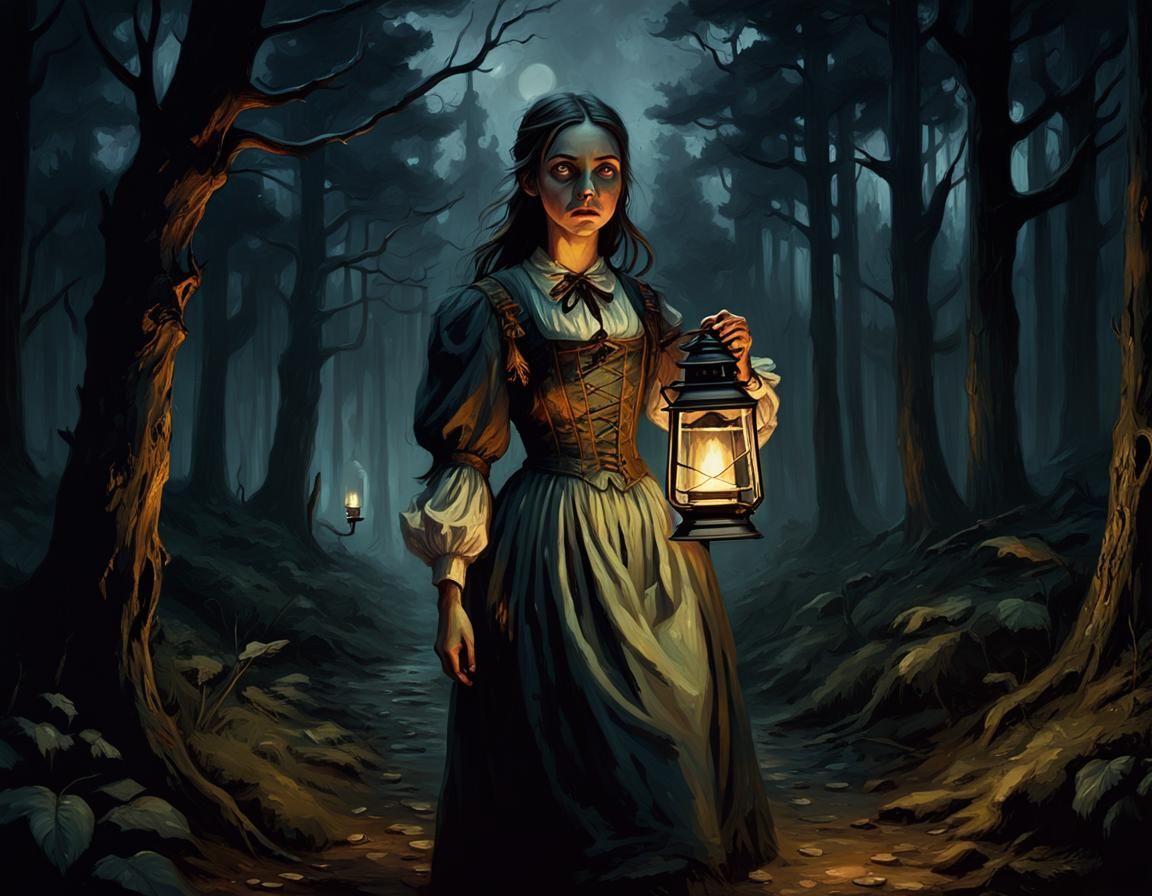 Sinister Girl in Forest with Lantern