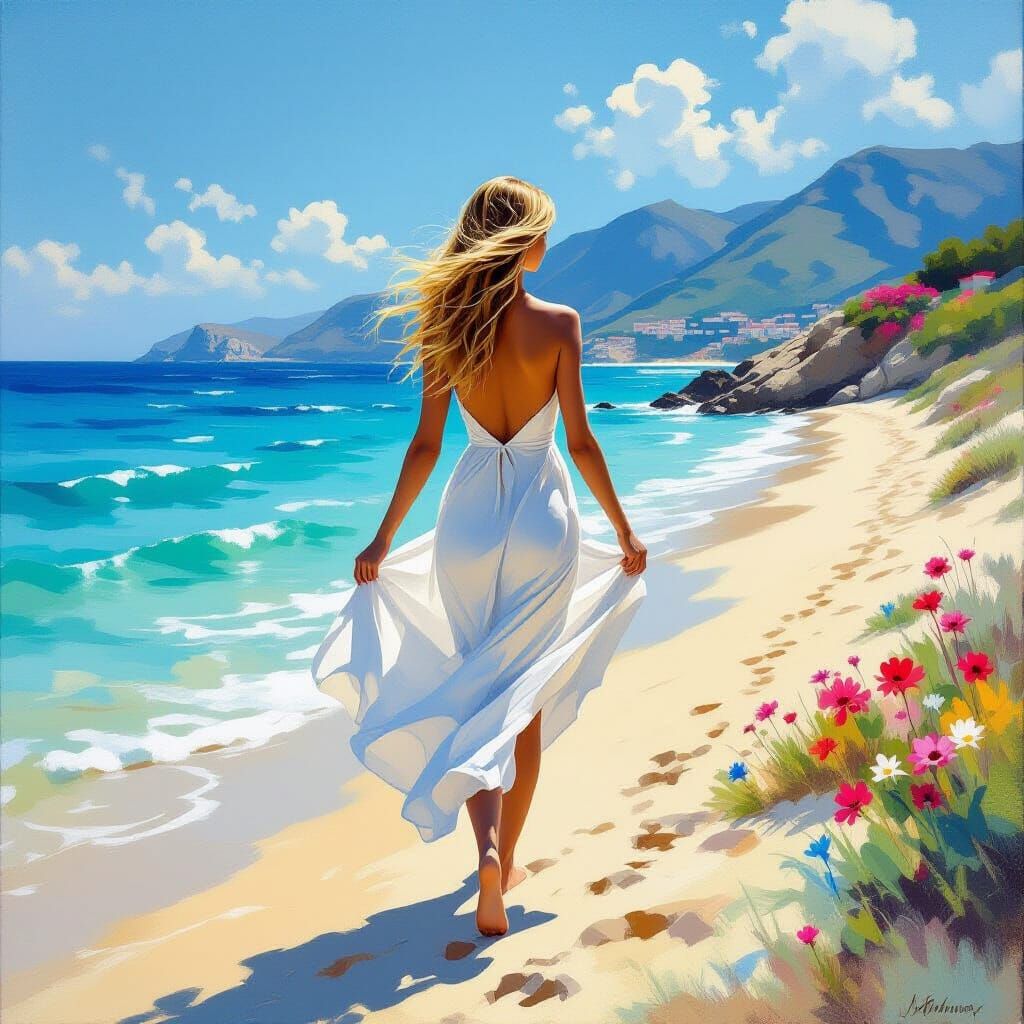 Woman in White Dress on Sunny Beach, Impressionist Oil Paint...