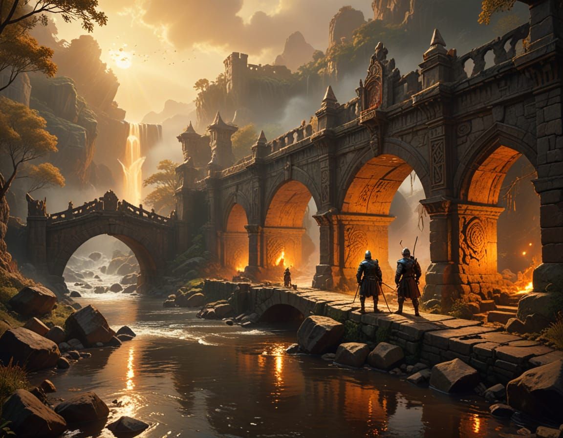 Epic Fantasy Scene with Knights and Ancient Stone Bridge