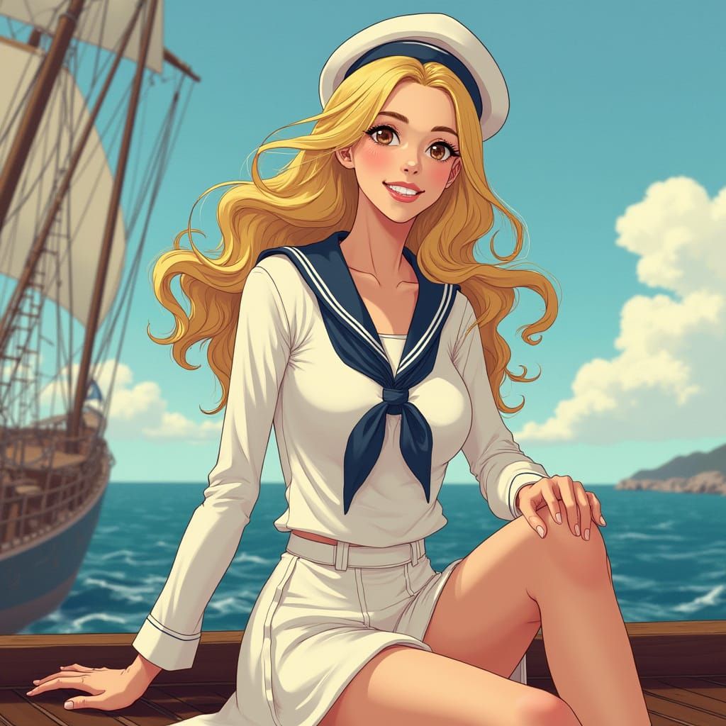 Carefree Sailor on Deck in Whimsical Cartoon Style