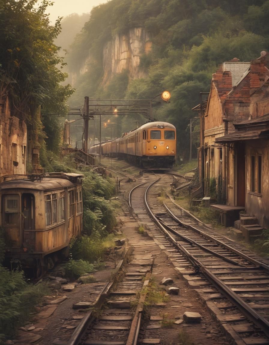 Nostalgic Train in an Old Station, Oil Painting