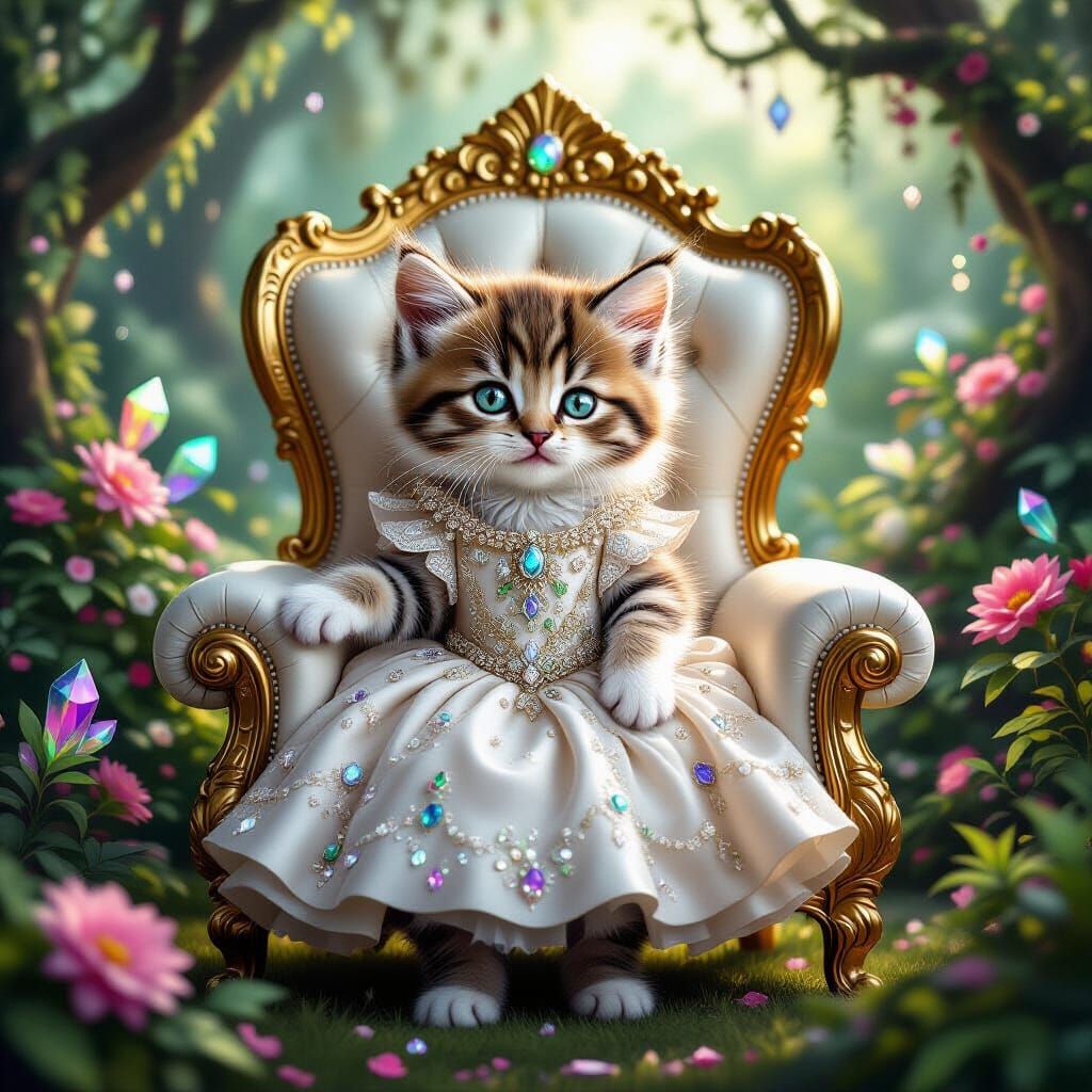 Kitten in Jewel Dress on Golden Throne in Enchanted Forest