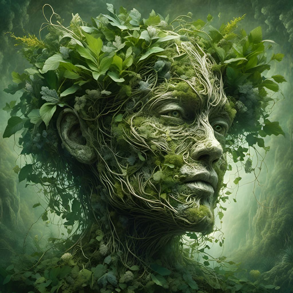 Lush Botanical Head Portrait in Hyperrealism