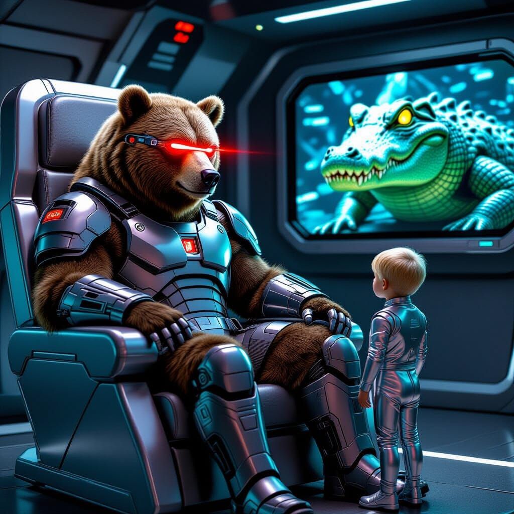 Android Bear on Spaceship Throne, in Futuristic Style