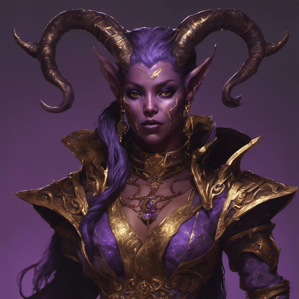 Purple and Gold Tiefling Warlock in Dark Fantasy Art