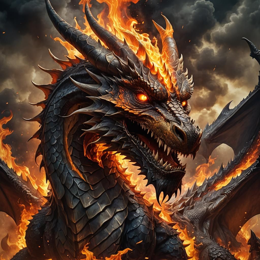 Flaming Dragon Head in Dark Fantasy Art