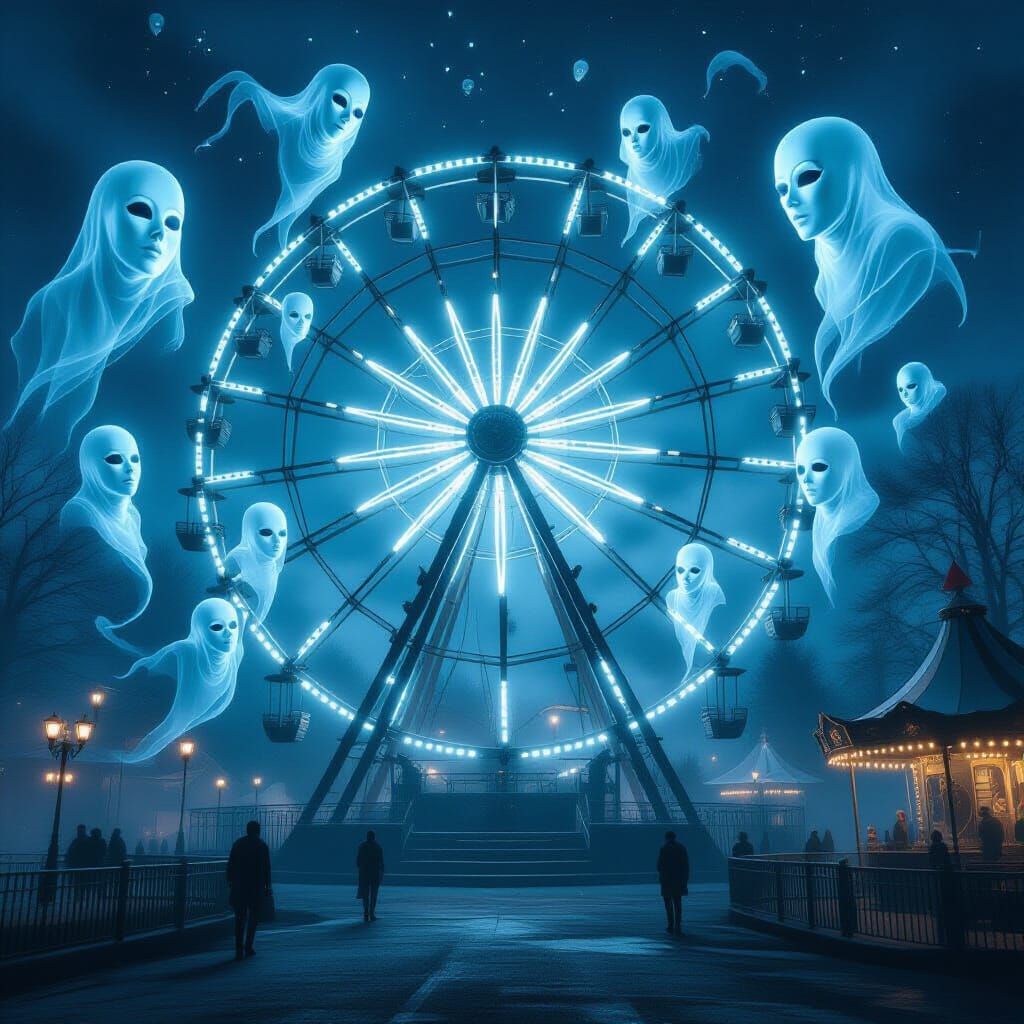 Eerie Midnight Carnival with Spectral Ghosts and Bone Ferris...